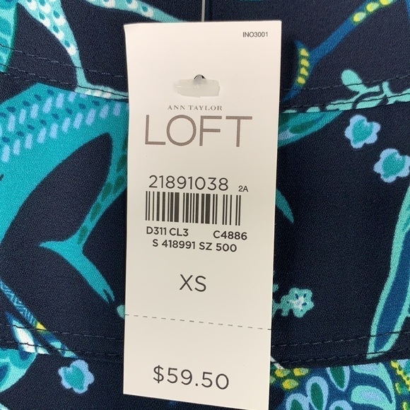 Ann Taylor LOFT Peacock Print Long Sleeve Blouse, Navy Blue/Teal Sz XS, NWT - Picture 3 of 9
